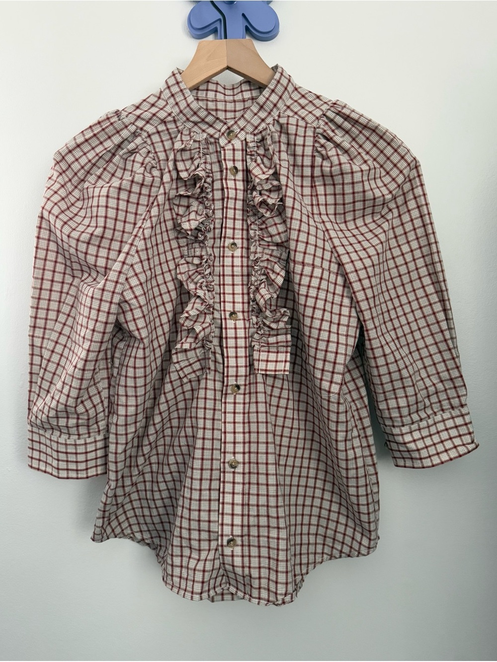 KMJ XS Ruffle Button Up Short Sleeve Shirt Red Plaid Fall Evening Work Office